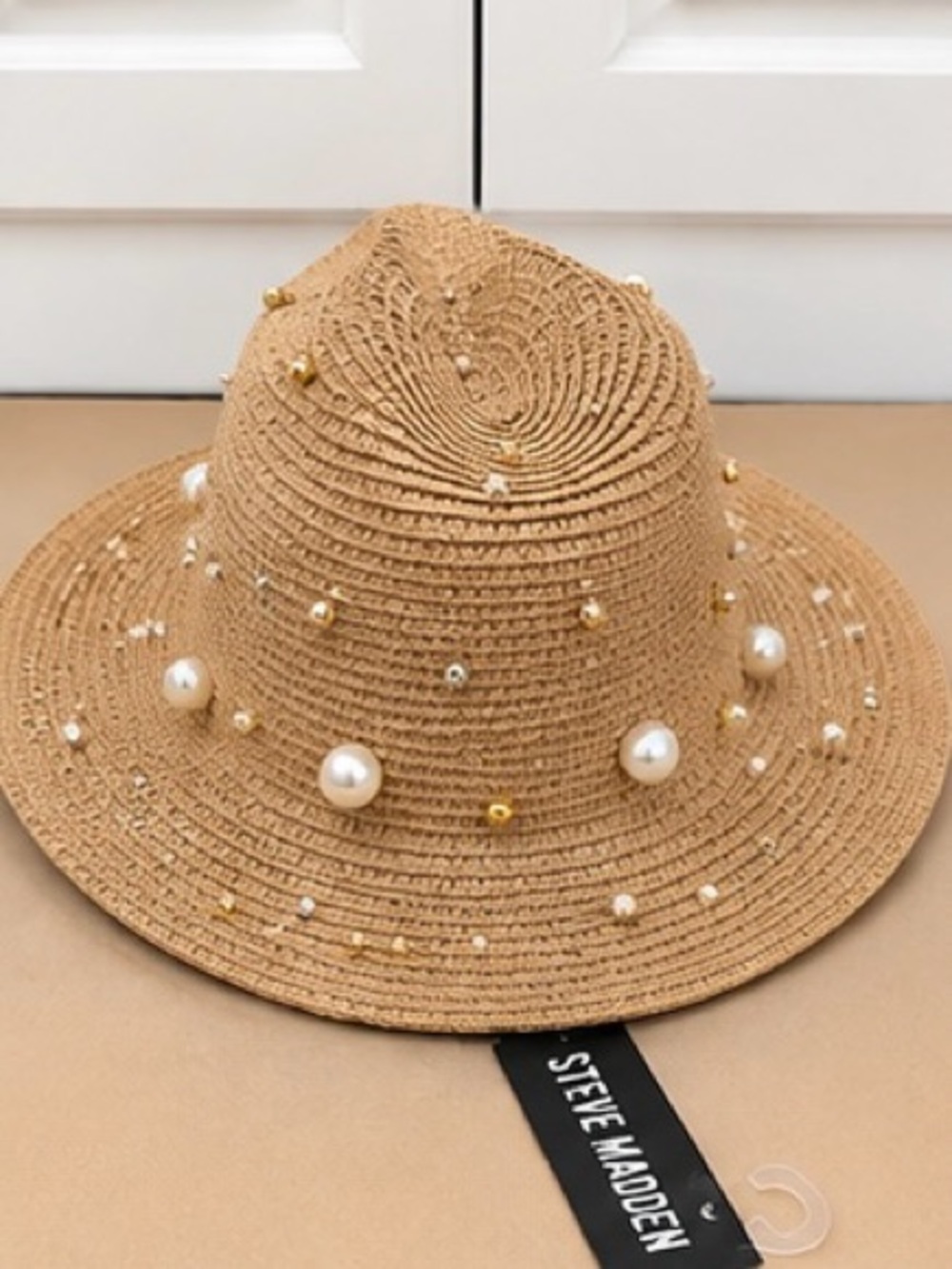 Steve Madden Tan Straw Hat with Pearl & Gold Bead Accents